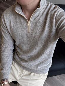 Men's Half-Zip Mock Neck Long Sleeve Knit Sweater, Casual Commute Half-Open Front Pullover - Khaki - View 7