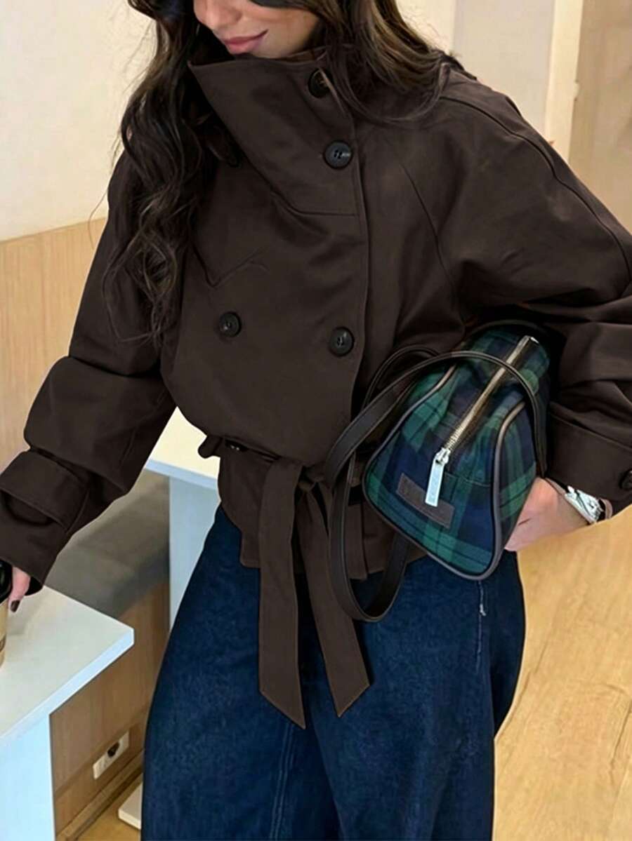 女款棕色編織翻領風衣,雙排扣落肩長袖,秋季穿搭必備 - 咖啡棕 - 查看 1