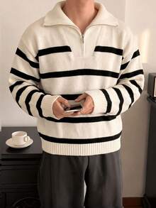 1pc Boys' Teenagers Simple Versatile Street Outdoor Daily Campus Style Sporty Colorblock Pullover Zip-Up Turn Collar Long Sleeve Sweater - White - View 4