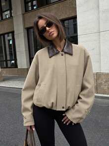 Women's Casual Plaid Colorblock Collar Jacket, Autumn New Style, Comfortable Polyester Fiber Fashion Outerwear - Champagne - View 3