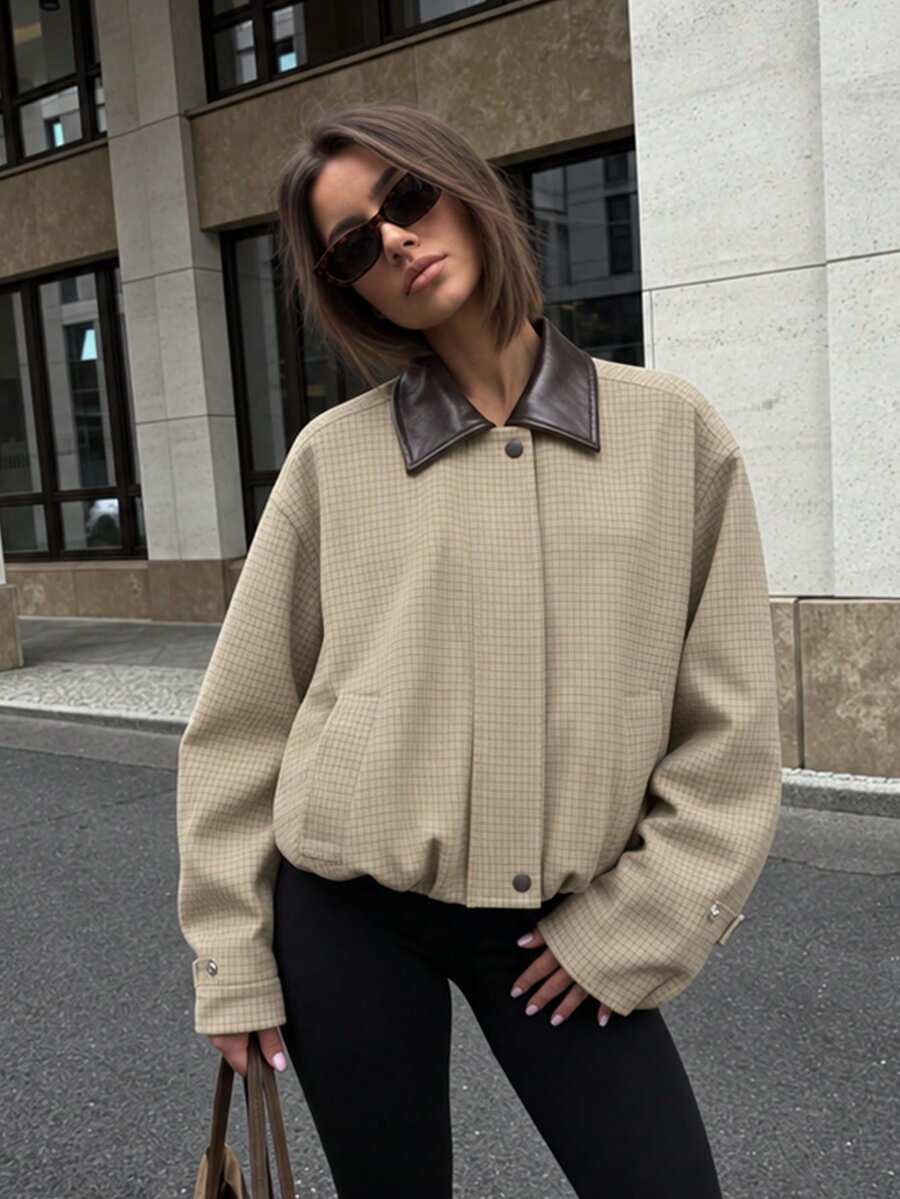 女款休閒格紋拼色領夾克,秋季新款,舒適聚酯纖維時尚外套 - 香檳色 - 查看 1
