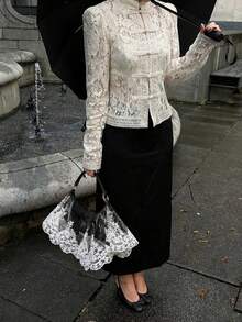 Blus Wanita Kasual Serbaguna Motif Bunga Jala Renda Musim Semi/Gugur dengan Lengan Panjang Mengembang dan Kancing Depan, Cocok untuk Acara Santai dan Jalan-jalan, Kemeja Wanita Elegan - Putih - View 8