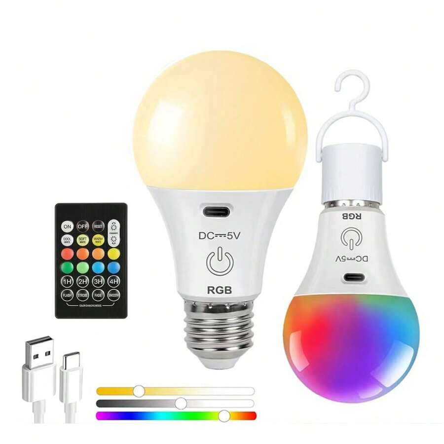 1pc LED Rechargeable Bulb With Remote Battery Control, Smart RGB Color Changing Light Bulb With Hook, E26 Base, Suitable For Camping, Hiking, Fishing, Hurricane Emergency