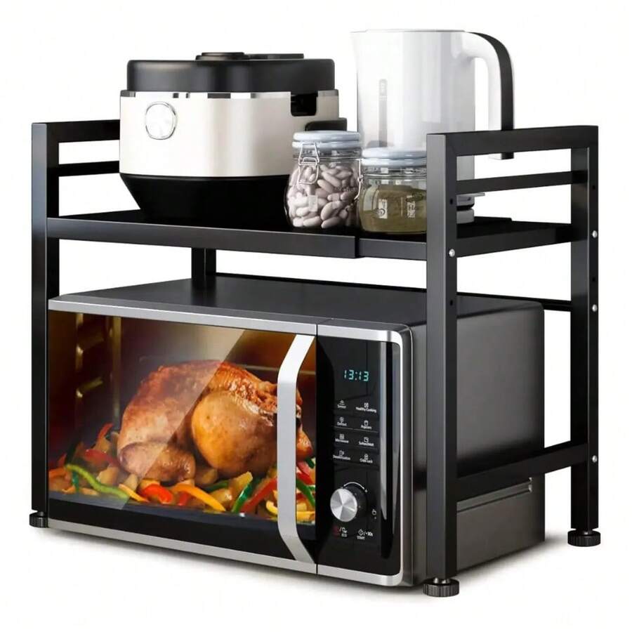 Estante Extensible para Horno de Microondas de 2 Niveles, Organizador Ajustable para Cocina con Espacio de Almacenamiento, Soporte Práctico para Microondas, Utensilios, Condimentos y Accesorios, Diseño Resistente para Aprovechar el Espacio en Encimeras, Alacenas y Cocina del Hogar - Negro - Ver 1