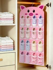 1pc Cute Tanuki‑Patterned Cat/Pig Shoe Storage Hanging Bag, 16‑Compartment Hanging Shoe Rack, Adorable Cartoon Shoe Box, Dustproof Foldable Shoe Bag, Multi‑Pocket Shoe Rack,For Home Organization, Girls' Room Decor, And Bedroom Storage. - Multicolor - View 7