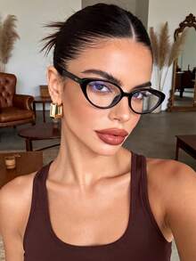 1 Pair Women's Cat Eye Black Fashion Clear Lens Glasses, Suitable For Computer, Gaming, TV, Smartphone - Black Flat - View 1