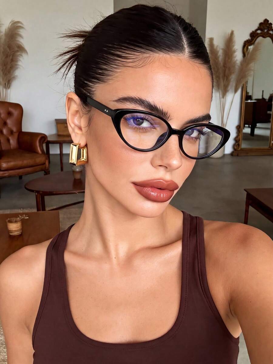 1 Pair Women's Cat Eye Black Fashion Clear Lens Glasses, Suitable For Computer, Gaming, TV, Smartphone - Black Flat - View 1