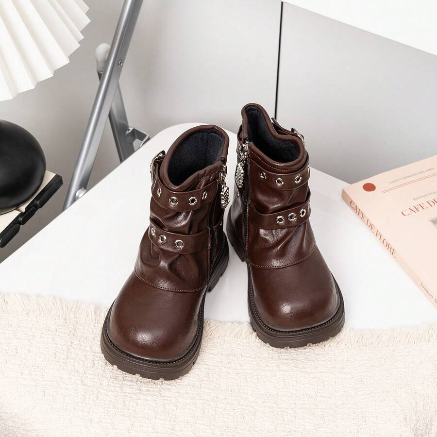 Kids' Cool Motorcycle Ankle Boots For Autumn/Winter, Dual Metal Buckle Strap Side Zipper Easy On/Off Round Toe Foot Protection Thick Sole Anti-Slip Outdoor Party Work Boots For Boys And Girls - Brown - View 1