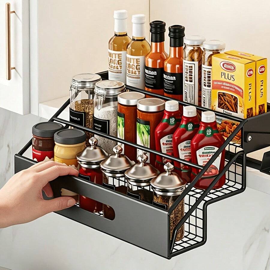 Rak Penyimpanan Tiga Lapis untuk Kabinet Dinding Dapur, Keranjang Angkat, Rak Bumbu Tarik ke Bawah, Rak Kabinet Atas Teleskopik, Aksesoris Dapur