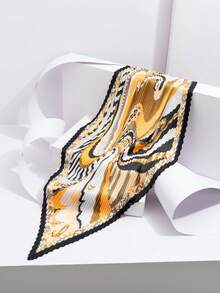 1pc New Vintage Luxury Abstract Zebra Print Chain Pleated Silk Scarf, Satin Pointed Triangular Scarf, Commuter Outfit Bag Decoration Small Scarf - Multicolor - View 8