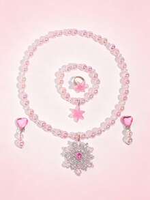 5pcs/Set Christmas Snowflake Pendant Crystal Beaded Necklace Bracelet Ring Ear Clips Children Jewelry Set Cute Jewelry Accessories Gift For Girls - Multicolor - View 6