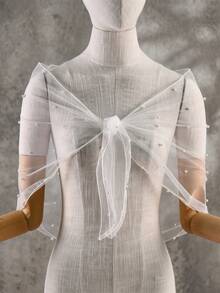 1pc Pearl Beaded Tulle Bow Shawl, Detachable Sheer Mesh Bridal Shoulder Wrap Accessory - Multicolor - View 9