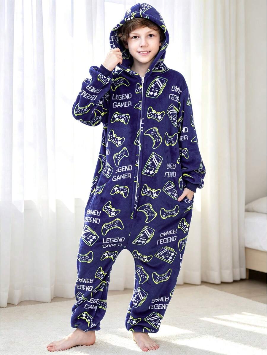 Tween Boys' Video Game Graphic Drop Shoulder Zipper Front Hooded Jumpsuit With Pants, Casual Loungewear Set