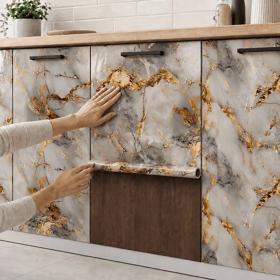 1 Roll Luxury Gold Gilded Texture Sticker - Self-Adhesive PVC Waterproof Wallpaper - Wear-Resistant Scratch-Resistant - Easy To Tear And Apply - Suitable For Wall, Window Sill, Cabinet, Furniture Decoration And Renovation - Home Decor Sticker - Gold-plated Pattern - View 1