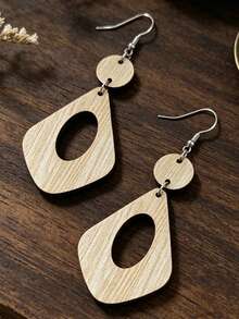 1 Pasang Anting-Anting Gaya Bohemian Minimalis Geometris Berongga Belah Ketupat Dua Lapis Patchwork Vintage - coklat muda - View 5