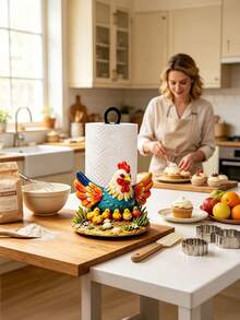 Farmhouse Rooster & Chick Paper Towel Holder, Colorful Metal Freestanding Desktop Paper Towel Dispenser, Sturdy Iron Base, Country Style Kitchen Countertop Decor, Home Storage & Organization Gift, Suitable For Farm Enthusiasts, Applicable For Restaurant Dining Table - Multicolor - View 5