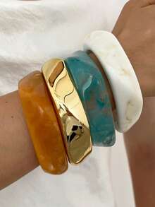 Set Gelang Resin Asimetris Lebar Berlebihan Gaya Bohemian Vintage 3/1 buah untuk Wanita, Cocok untuk Pemakaian Sehari-hari, Liburan, Kencan, Pesta, Pertemuan, dan Padu Padan - MultiWarna - View 6