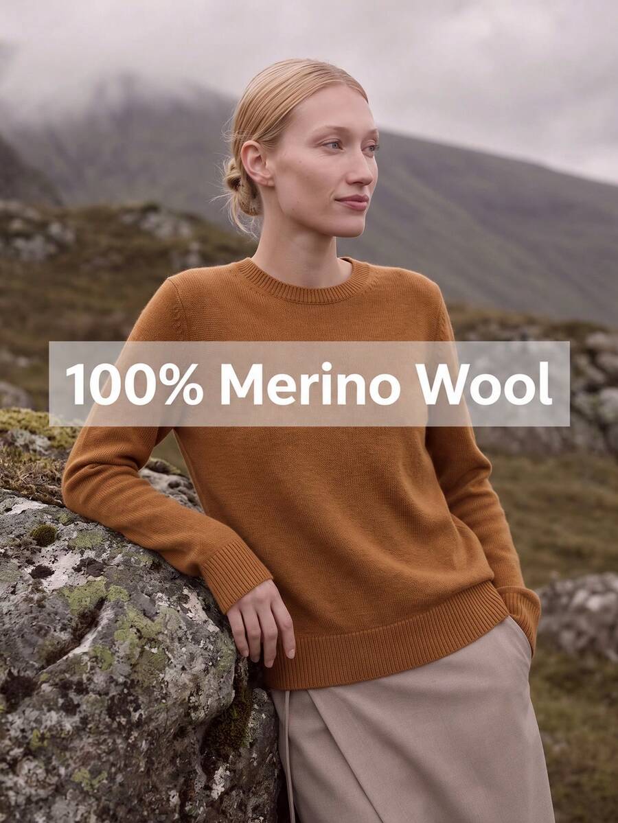 100% Pure Wool Merino Sweater, Warm Knitted Top, Soft Skin-Friendly, Khaki Color, Pullover Cardigan, Autumn/Winter - Khaki - View 1