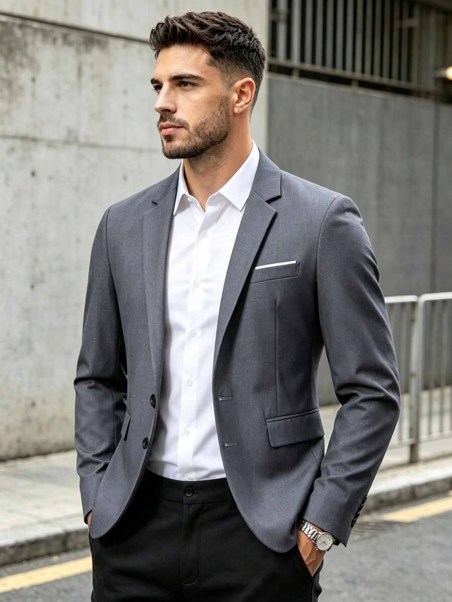 Men's Casual Notch Lapel Single-Breasted Blazer, Suitable For Formal Occasions, Weddings, Banquets, Business Meetings, Elegant Men's Suit - Dark Grey - View 1
