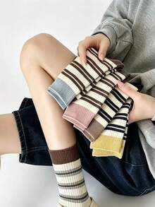 1/5 Pairs Vintage Striped Colorblock Mid-Calf Women's Socks, Soft Skin-Friendly Slouch Socks, Multi-Color Options, Preppy Style For Commute And Daily Wear, Matching Canvas Shoes And Mary Jane Shoes - Multicolor - View 5