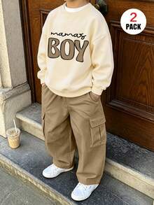 2pcs/Set Boys Outfit, Crew Neck Letter Print Sweatshirt Paired With Casual Cargo Pants, Cool & Comfortable Autumn/Winter New Boys Set - Apricot - View 4