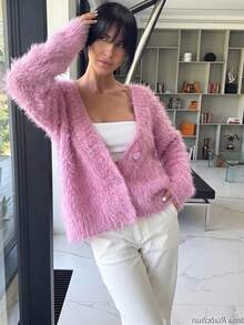 Senya 2026 Women's Pink Fluffy Knit Cardigan, Loose V-Neck Button Front Sweater, Plush Luxury, Sweet And Cute, Suitable For Autumn/Winter Wear, Fashionable And Versatile - Pink - View 4