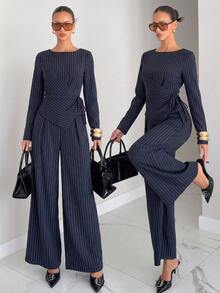 Women's Tie Waist Casual Striped Set, Office Professional Loose Minimalist Autumn Striped Two Pieces Outfit - Navy Blue - View 1