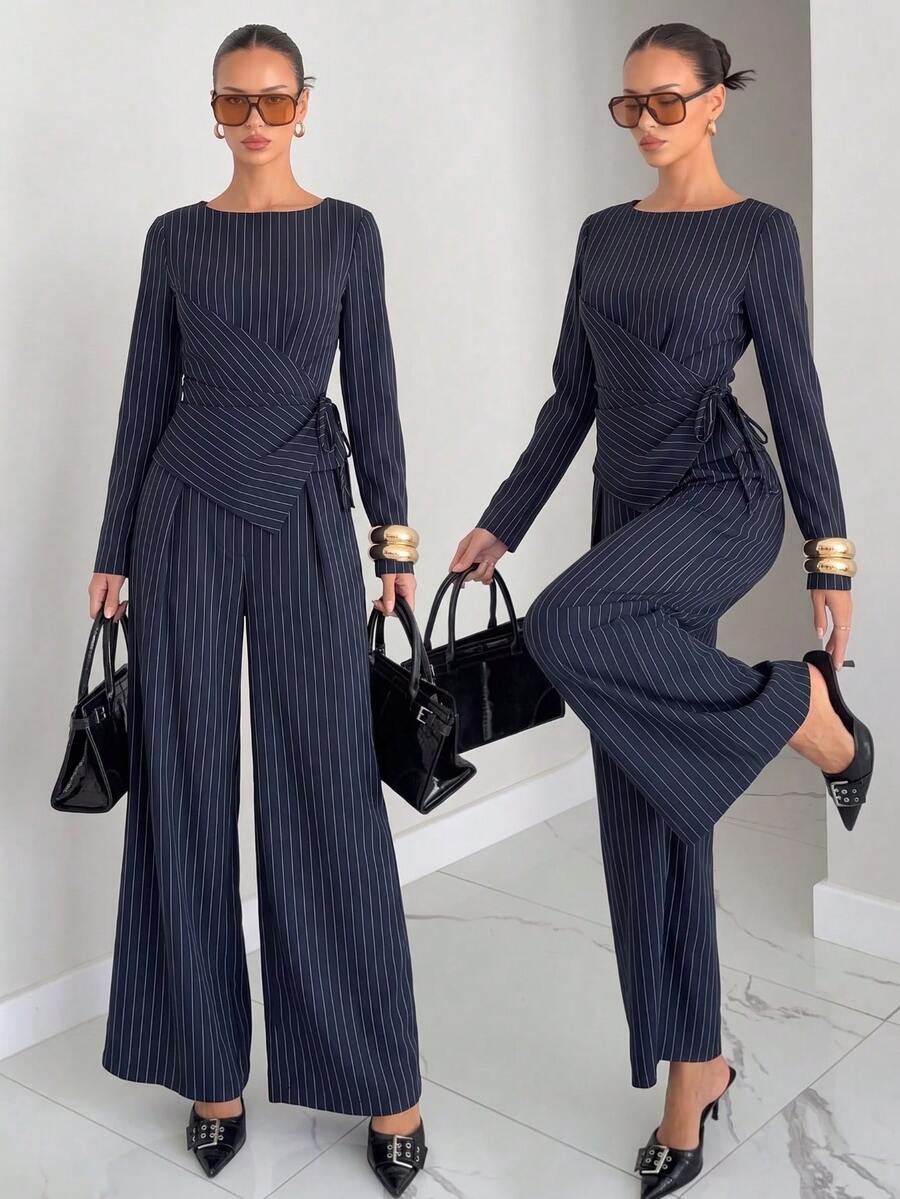 Women's Tie Waist Casual Striped Set, Office Professional Loose Minimalist Autumn Striped Two Pieces Outfit - Navy Blue - View 1