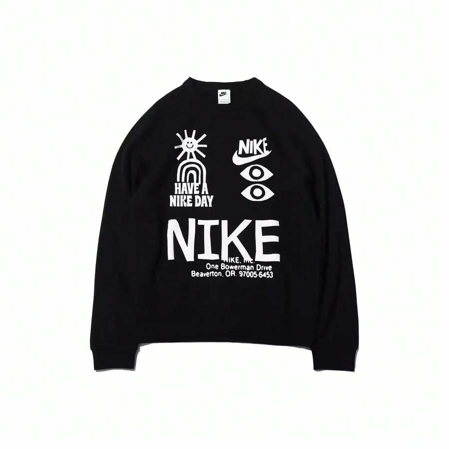 Sweatshirt Lengan Panjang Gaya Preppy dengan Logo Nike dan Tulisan Huruf Besar, Pria, Hitam - Hitam - View 1