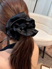 1pc New French Style Black Mesh Rhinestone Scrunchie, High-End Slouchy Chic Hair Tie, Elegant Hair Accessory For Women - Multicolor - View 2