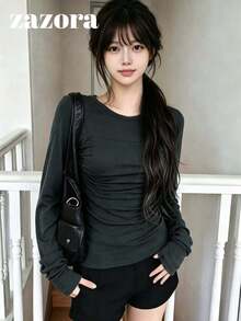 Kaos Dalaman/Kaos Luar Wanita Model Korea Slim Fit Elastis untuk Memperlangsingkan Tubuh, Awal Musim Gugur - Grey - View 6