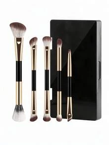 1 Set Makeup Brush Set With Storage Box, Dual-Ended Face And Eye Brushes, Soft Bristles, Black Handle With Gold Details, Portable Makeup Brushes, Suitable For Foundation, Loose Powder, Blush, Eyeshadow, Contour, Ideal For Travel And Daily Makeup - Multicolor - View 8