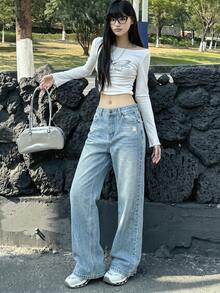Women's Distressed Light Blue Jeans, Loose Straight Leg Floor Length Casual Pants - Blue - View 4