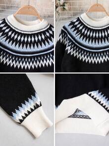 Fair Isle Black Loose Knit Sweater, Autumn/Winter Women's Korean Vintage Slouchy Stand Collar Slimming Pullover Top, Christmas Outfit - Black - View 9