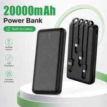 20000mAh Portable Charger With Built-In Cables, USB C Power Bank For Multiple Devices, LED Flashlight Battery Pack For Travel, Camping, Outdoor & Daily Use - Black - View 1