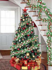 1pc Christmas Metallic Brushed Wreath, Christmas Tree Hanging Ornament, Holiday Party Fireplace Mantel Railing Decoration - A - View 2