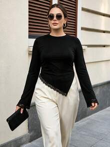 Women's Elegant Long Sleeve Lace Patchwork Top, Asymmetrical Hem, Waist-Cinching Slim Fit, Suitable For Spring, Autumn, Winter Daily Commute Wear - Black - View 5