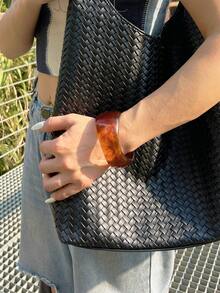 Wide Amber Resin Bracelet With Brown-Red And Orange Natural Texture, Translucent Warm Glossy Fashion Accessory, Vintage Mosaic Style, Thoughtful Gift For Women - Coffee Brown - View 9