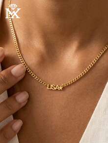 1pc Personalized Minimalist Customized Stainless Steel Cuban Chain Star Necklace With English Name, Unisex Style, Blending Street Hip-Hop Elements, Cool And . Suitable For Various Occasions Such As Daily Wear, Vacation, Banquet, Party And More. Unique Design Showcases Personalized, Fashionable And Exquisite. Perfect Gift For Friends, Partners And Family On Christmas, Thanksgiving, Valentine's Day And Birthday. - Yellow Gold - View 3
