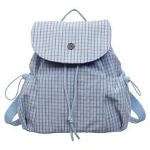 Cream Checked Gingham Print Rucksack, Drawstring Flap Design Large Capacity, For School Daily Travel, Round Metal Buckle Casual Bookbag - Multicolor - View 10