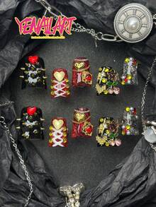 10片手工全包短款鴨嘴穿戴甲,黑色秋季假指甲,手繪線條、蕾絲花紋、3D花朵、櫻桃、愛心裝飾,龐克Y2K風格,附果凍膠與指甲锉,適合日常角色扮演、宴會、主題派對 - 黑色 - 查看 2