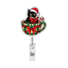 1pc Christmas Tea Cup Reading Black Cat Acrylic Retractable Rotating Badge Reel ID Holder - Multicolor - View 5