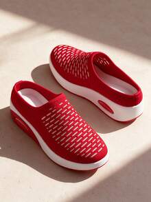 Sepatu Selop Model Mule Jala Ukuran Besar untuk Wanita, Sepatu Kasual Bernapas dengan Sol Lembut, Tanpa Penutup Belakang, Nyaman untuk Aktivitas Luar Ruangan - Merah - View 3