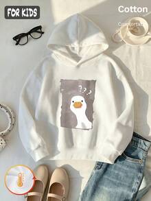 Höst/vinter fleecehoodie för flickor med tecknad anka och frågeteckentryck Y2K - Vitt - Visa 3
