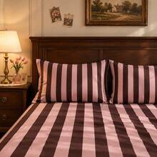 3pcs Pink & Black Vertical Striped Fitted Sheet Set, Vintage Minimalist Style Microfiber Material Rectangular Fitted Sheet, Elastic Full Wrap Design Anti-Slip & Non-Shift, Soft Skin-Friendly Breathable Wear-Resistant Bedding Set, Suitable For Daily Use, Autumn/Winter Home Decor, Christmas Atmosphere - Multicolor 1 - View 2