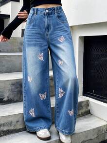 Girls' Denim Jeans With Butterfly Pink & White Gradient Embroidery, High Street INS Style Blue Straight Leg Long Pants, Autumn/Winter Fashion Outfit - Medium Wash - View 2