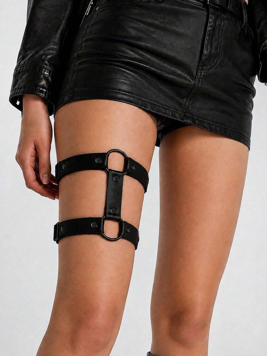 1/2pcs Vintage Punk Double Row Adjustable Garter Leg Bands, Suitable For Cosplay Costume And Halloween - Black - View 1