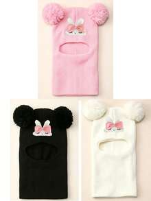 1Pc Children 1‑8Y Winter Knit Balaclava Helmet Hat, Cute Sleeping Rabbit , Two Big Fluffy Pom Pom Balls, Full Neck Cover Warm Keeping For Outdoor Use - Multicolor - View 26