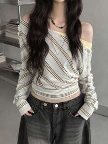 Women's White Striped Asymmetric Cold Shoulder Button Long Sleeve Top - White - View 3