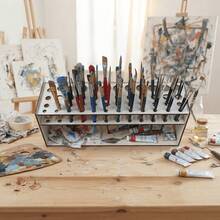 1pc Large Capacity 65-Slot Wooden Brush And Makeup Brush Organizer, Detachable Design, Desktop/Wall-Mounted Storage Rack, Khaki Polished Surface, Suitable For Art Studio, Beauty Salon And Home Storage, Space-Saving Brush Organizer - Multiple Styles - View 4